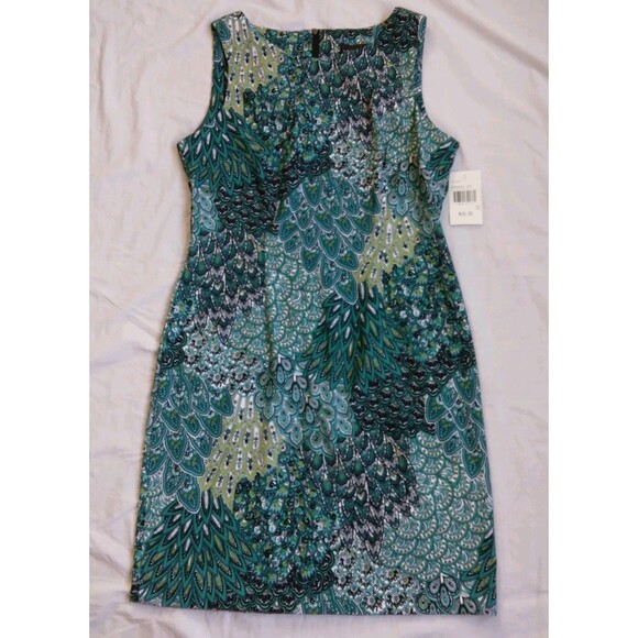 connected apparel Dresses & Skirts - NWT Connected Apparel Sheath Dress Teal Peacock Feather Paisley Print Women's 12